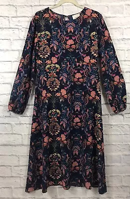 I. Madeline Dress Anthropology Large Navy Coral  Floral Midi Fit Flare Pullover • $19.99