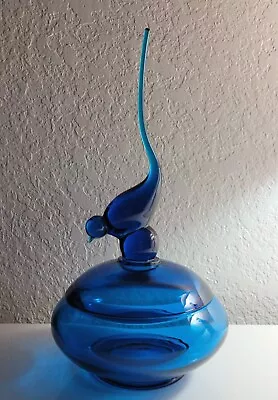 Viking Glass 12  Long Tailed Bird Covered Dish Candy Dish Blue Glass Vintage  • $170