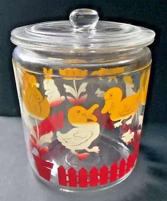 1950's Anchor Hocking Glass Cookie Jar Bunnys Lamb And Red Tulips • $10