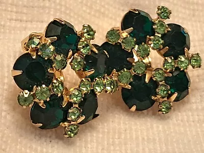Vintage Deep Green & Uranium Vaseline Glass Rhinestone Circle Earrings MINTY • $14.99