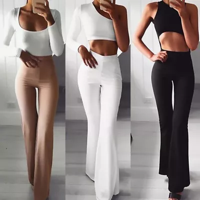 $8.45 • Buy Women Solid High Waist Flare Wide Leg Chic Trousers Bell Bottom Yoga Pants H;-JU