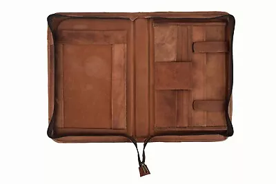 Vintage Leather Portfolio Padfolio A4 Case Folder Business Organizer Zipper Bag • $60.71