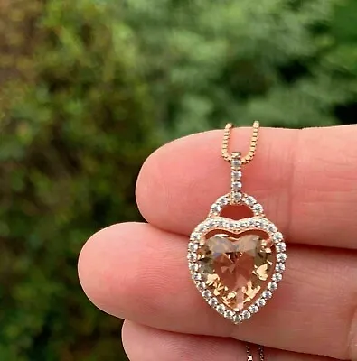 2.50Ct Heart Cut Morganite & Diamond Women's Halo Pendant 14K Rose Gold Finish • $38.40