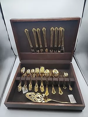 Vintage Rogers Bros 1847 Gold Plated 54 Pc Flatware Serving Set With Wooden Box • $64.99