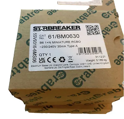 Crabtree Starbreaker RCBOs 6kA 30mA - 6A 10A 16A 20A 32A 40A BRAND NEW • £14.95