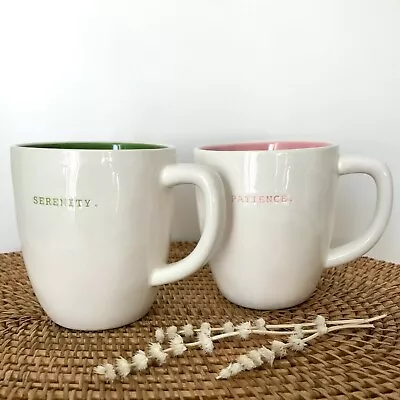 RAE DUNN Vintage Typewriter Font SERENITY PATIENCE Mugs - RETIRED Pink Green • $22