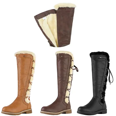 $58.99 • Buy Womens Knee High Fur Lined Flat Low Heel Biker Riding Combat Boots Shoes Size Us
