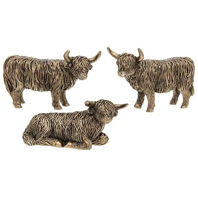 £14.99 • Buy Cute Set Of 3 Mini Bronzed Highland Coo Cows Ornament Figures Gift Idea Boxed 