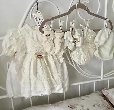 Vtg Baby Girls Christening Cream Lacey Dress Outfit 6-12 Mths Hamilton England • £22