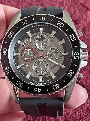 Michael Kors Silver Black Silicone Band Red Accent Automatic Watch Mk9013 • $215