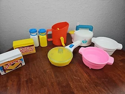 Fisher Price Orange Toy Flour Sifter Pan Kettle Bottle Kitchen Vintage • $56