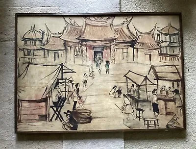 Original VTG Large Oil Painting On Fabric Vietnamese Art Town Market • $115