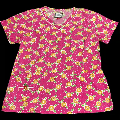 Mary Engelbreit Pink Floral Flower Scrub Top Shirt Medium Nurse Vet Tech Xray • $17.99