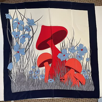 Vintage Gres Paris Silk Scarf Magic Mushrooms Floral Blue Red 33  Square Pop Art • $221.33