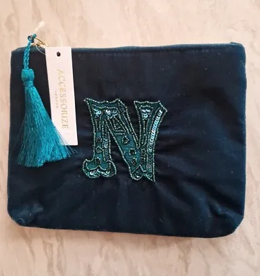 N Letter Initial Embroidered Velvet Emerald Green Makeup Organiser Zip Pouch • £5.50