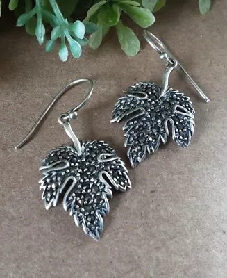 Sterling Silver A925 Marcasite Grape Leaf Hook Earrings 1 1/2  X 3/4  #4ny • $12