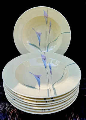 Mikasa Galleria Opus Yellow Calla Lily FK301 Japan Rimmed Soup Bowls Set Of 8 • $85