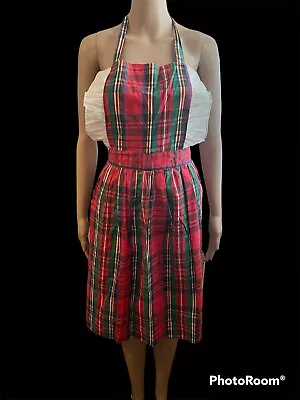 Vintage 80s Avon Mrs Claus Plaid Tartan Christmas Ruffle Bib Apron Red Green • $16.80