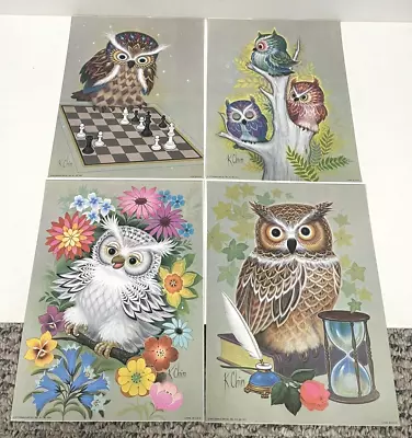 4 Vintage K CHIN Owl Litho Prints 9 X 12 Donald Art Co Original NEW NOS 1973 • $26.99