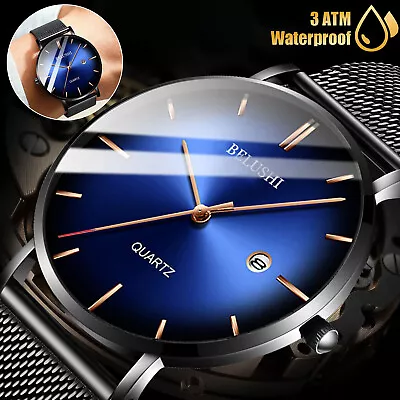 Fashion Men's Watch Mesh Belt Blue Dial Minimalist Ultra Stainless Steel Quartz • $13.48