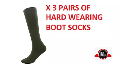 3 PAIRS Mens GREEN Socks Long Wellington Boot Wellie Liners Sock Sizes UK 7-12 • £13.95