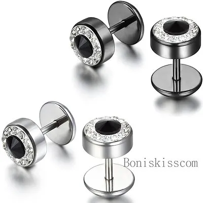 2Pcs Black Silver Men's Barbell Punk Stainless Steel Crystal Ear Studs Earrings • $12.99