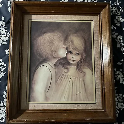 Vintage Margaret Kane Big Eyes A Little Kiss First Love Signed Print 17  X 20  • $55