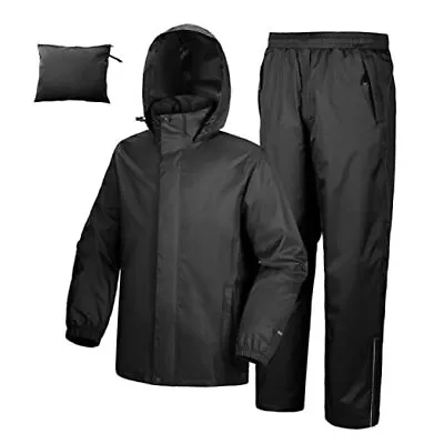  Mens Rain Suit With Hideaway Hood Waterproof Rain Gear (Jackets Large Black • $91.56