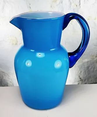 Vintage Hand Blown Italian Murano Blue & White Cased Art Glass Pitcher 8.75  • $49.99