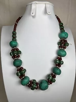 Vintage Chunky Turquoise Brown Jade Silver Colored Beads 18” Necklace • $19.99