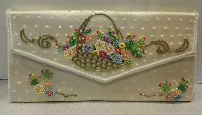 Vintage Hasi Hato Evening Clutch White With Floral Design Silky/satiny Fabric • $13