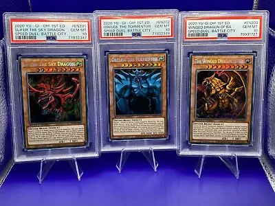 YuGiOh Complete Egyptian God Card Set SBCB-EN20 Secret Rare 1st Edition PSA 10 • £344.99