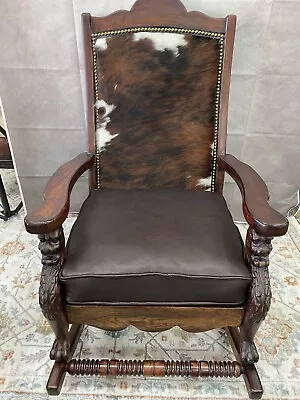 Antique Rocking Chair Wood Rocker. Cowhide • $1675