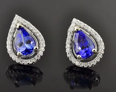 2.38ct 14k  White Gold AAA Pear Natural Tanzanite Diamond Stud Earring Halo • $1250