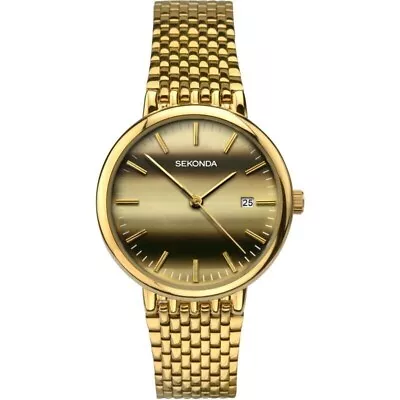 SEKONDA Mens Gold Plated Bracelet Watch New In Box • £25