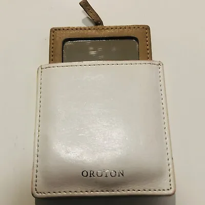 OROTON Leather Pocket Purse Mirror White/Tan Embossed Silver Logo Ex Condition • $25