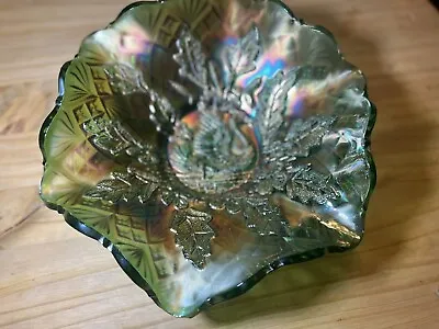 Millersburg Carnival Glass Nesting Swan Ruffled Bowl Diamond & Fan Back Green • $110