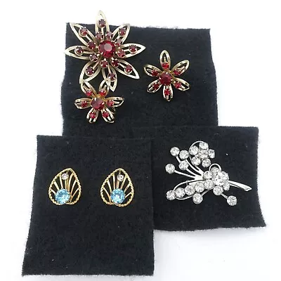 Vintage Red RS Flower Set + Clear Rhinestone Brooch + VAN DELL 12K GF RS Earring • $24.95