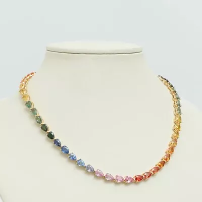 Lab-Created 35 Ct Multi Color Rainbow Sapphire Tennis Necklace 14K Yellow Plated • $317.39