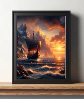 Viking Norse Ship Sunset Ocean Mountains Oil Painting Print Wall Art Poster • $7.99