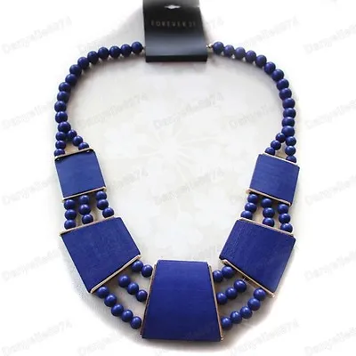 LARGE COLLAR NECKLACE Navy DARK BLUE Gold Plated CHUNKY BOHO BEADED Cobalt RETRO • £9.95