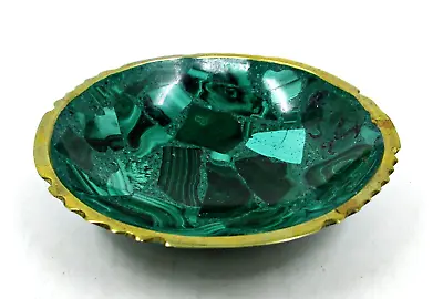 Vintage Green Malachite Gemstone 3.5  Trinket Jewelry Dish Bowl Fluted Brass Rim • $59.99