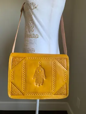 Handmade Moroccan  Leather Boho Mustard  Purse Khamssa Carved Handbag • $45