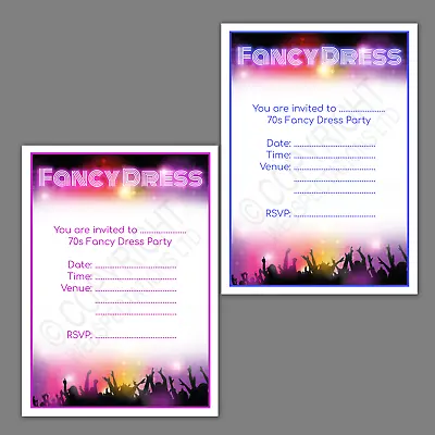 PACK Of 70s FANCY DRESS PARTY INVITATIONS Birthday Invites 1970s Seventies Night • £2.75