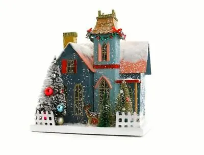 12  Cody Foster Blue Cottage Glitter Putz House Deer Retro Vntg Christmas Decor • $99.95