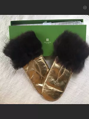 KATE SPADE NEW YORK Metallic Gold Mittens Fur Cuffs And Fur Lining Medium NWOT • $125