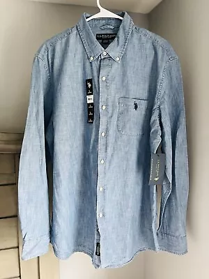 Us Polo Assn Men’s Large Denim Long Sleeve Button Down Shirt Blue • $11.99