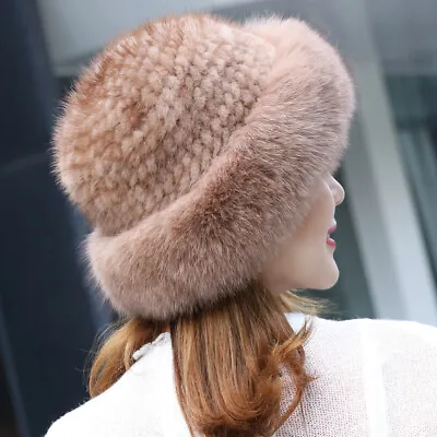 Knitted Real Mink Fur Hat Cap Stretch Fox Fur Trim Fashion Bowler Top Pot Hat • $35