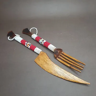 Decorative Wooden KNIFE And FORK With Applied BEADS African Style • $9