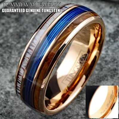 Personalized Tungsten Blue Fishing Line-Whiskey Barrel-Deer Antler Band Ring • $39.99